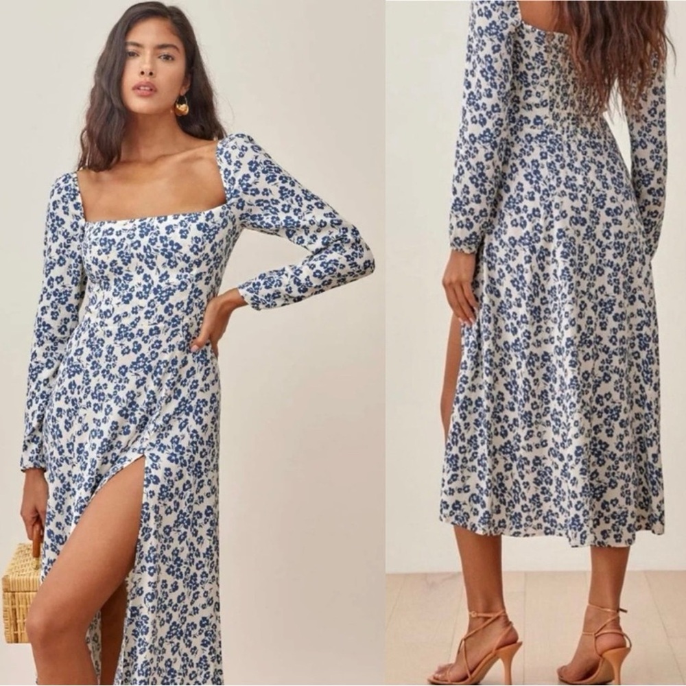 Reformation Sigmund Milanese Dress Blue and White Floral